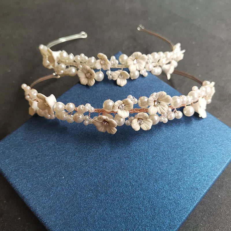 SLBRIDAL Luxury Handmade Rhinestones Crystals Pearls Ceram Flower Bridal Tiara Headband Wedding Crown Women Hair Jewelry