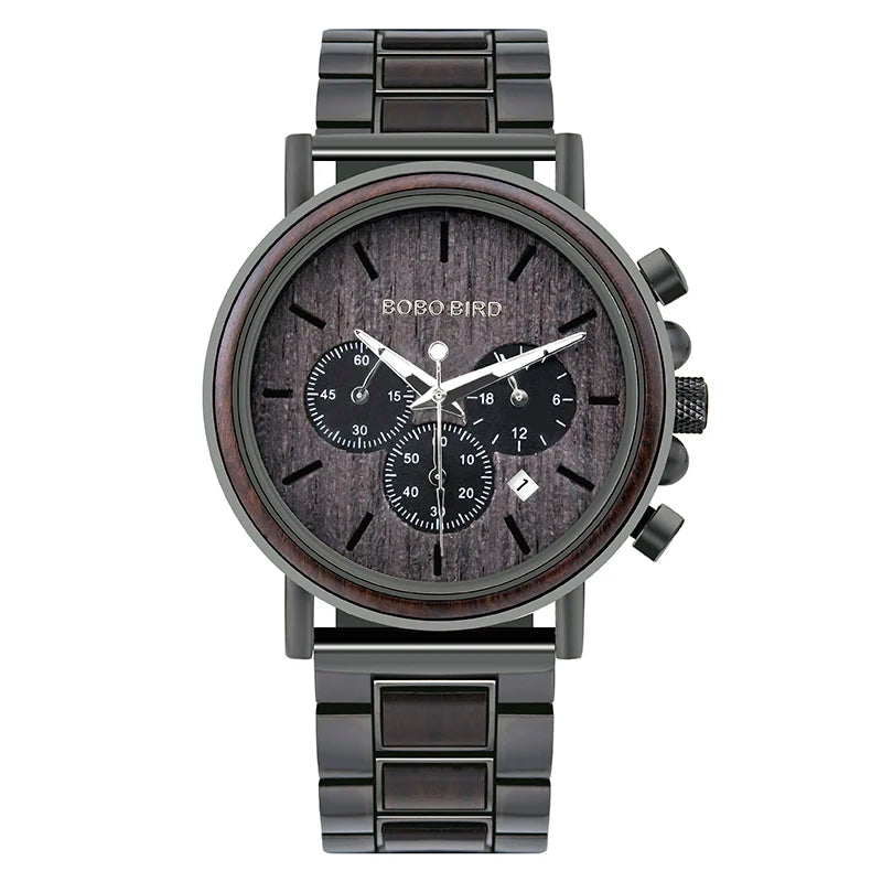 For BOBO BIRD Luxury Multi-Function Sport and Fashion Wood Watches for Men Stainless Steel Band Wristwatches