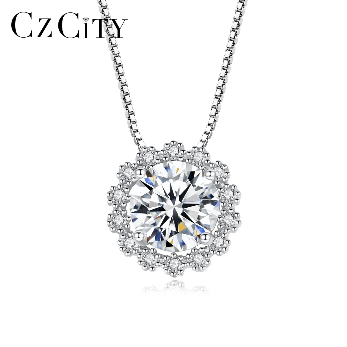 CZCITY Dainty Summer Crystal Necklace Jewelry S925 Silver Round Moissanite Pendant Necklaces for Woman