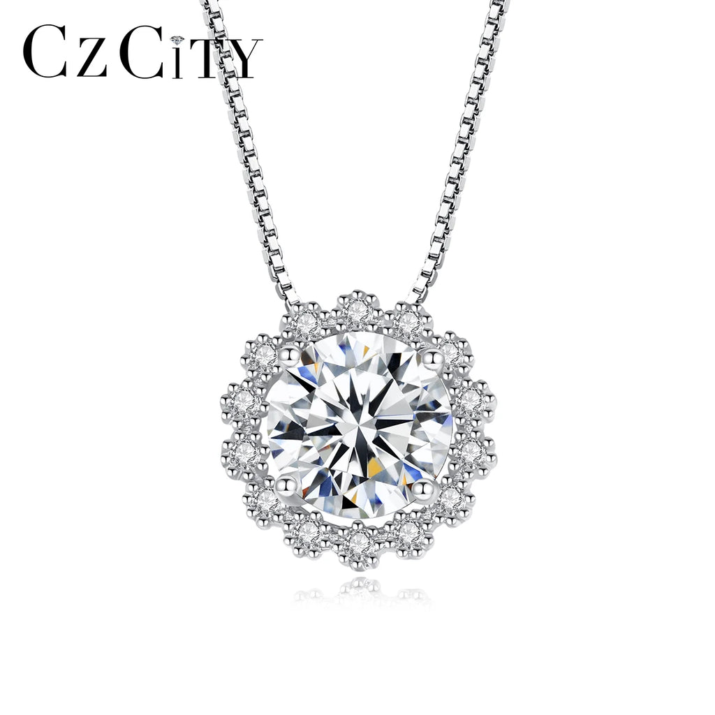 CZCITY Dainty Summer Crystal Necklace Jewelry S925 Silver Round Moissanite Pendant Necklaces for Woman