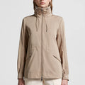 New Design Women's Short Casual Autumn/Spring Woven Stand Collar High Neck Hooded Jackets Zip Closure Elastic Hem Front Logo