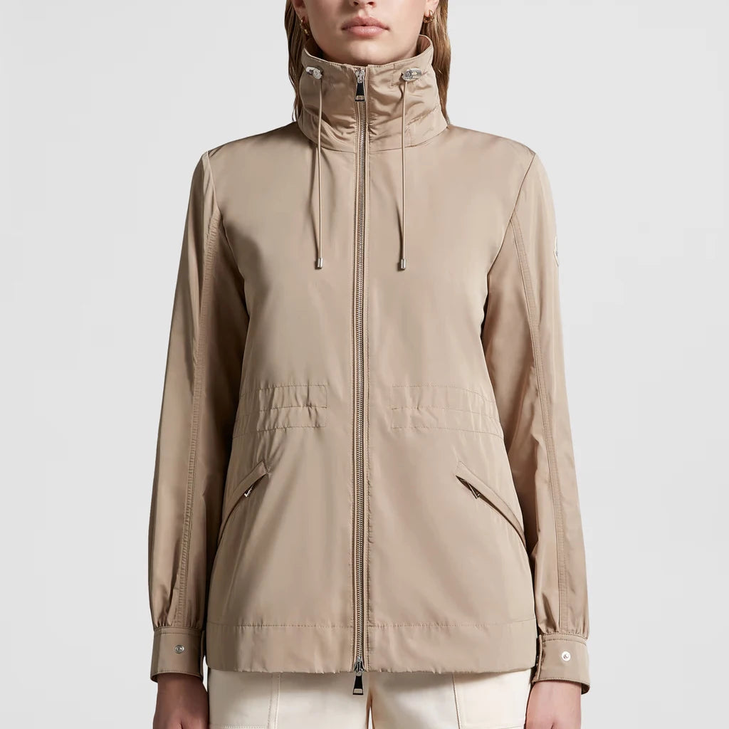 New Design Women's Short Casual Autumn/Spring Woven Stand Collar High Neck Hooded Jackets Zip Closure Elastic Hem Front Logo