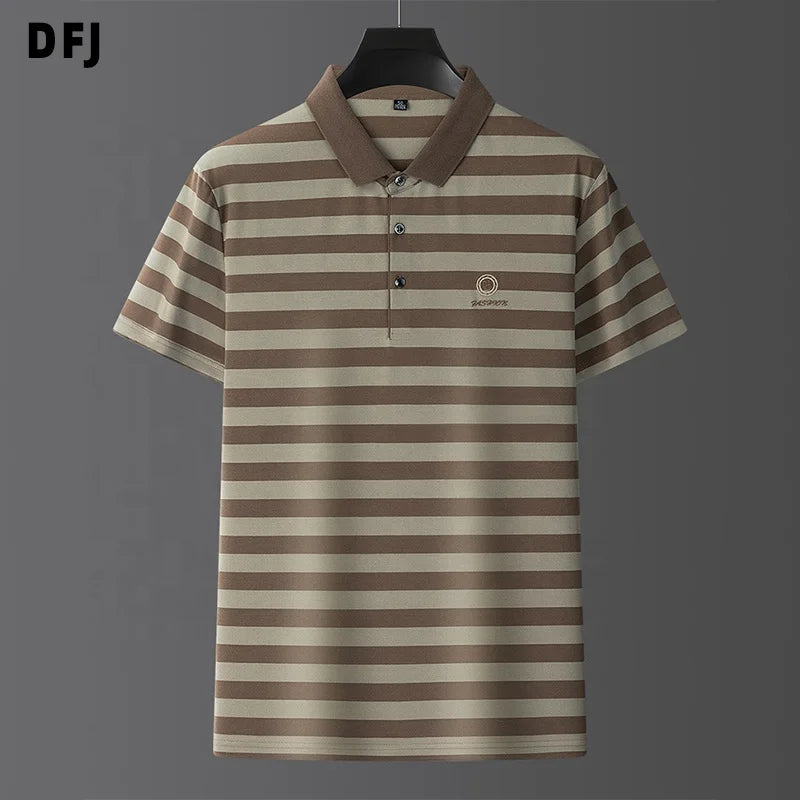Custom Bungle Collar Pique  Shirts Quick Dry Striped Knitted Fabric Short Sleeve Embroidered  Shirt XL High Button Men