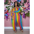 Women's Fashion Rainbow Striped Jumpsuit Loose Long Sleeve Plus Size Jumpsuit