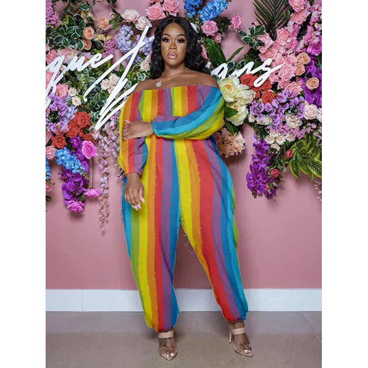 Women's Fashion Rainbow Striped Jumpsuit Loose Long Sleeve Plus Size Jumpsuit