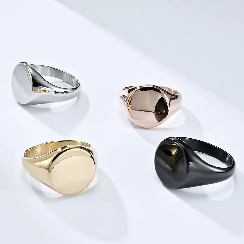 INS Simple Stainless Steel 18K Gold Plated Round Plate Finger Ring Customized Titanium Steel High Polish PVD Engraved Disc Rings