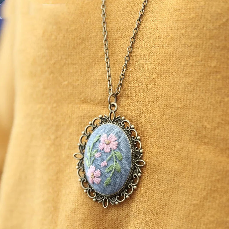 Embroidered Starter Kit Necklace With Needle Thread for DIY Art Craftsembroidery Pendant