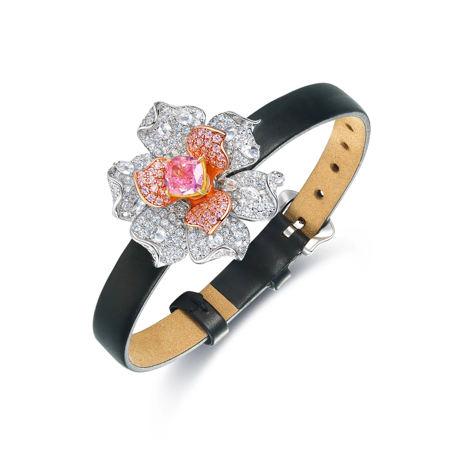 YBO Fine Jewelry Genuine Leather 925 Sterling Silver Zircon Pave Big Flower Wrist Bands High Carbon Diamond Bangle