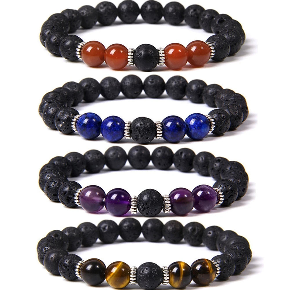 Men Women 8mm Lava Rock Stone Bead Bracelet - Essential Oils Diffuser Aromatherapy Elastic Yoga Stress Relief Jewelry