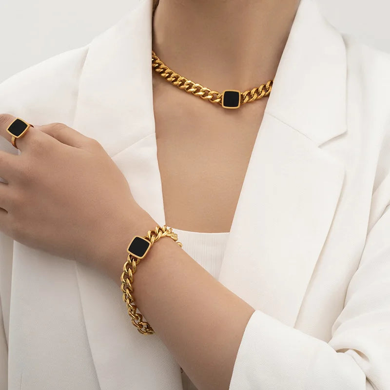 European American Style Heavy Chain Jewelry Set Black Square Necklace & Bracelet with Exaggerated Chain for Weddings & Parties