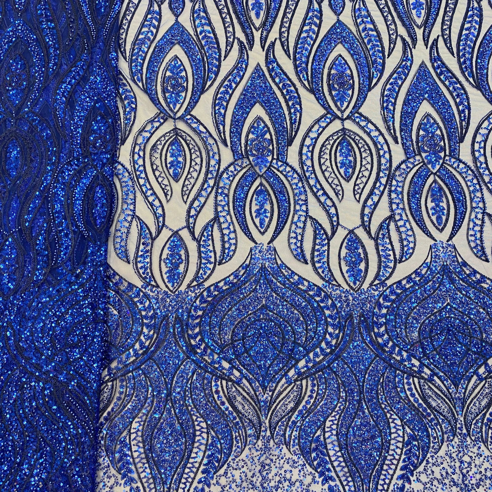 Luxury Royal Blue Dubai Wedding Bridal Fabric Embroidery Beads With Sequins Embroidery Dubai Beads Fabric