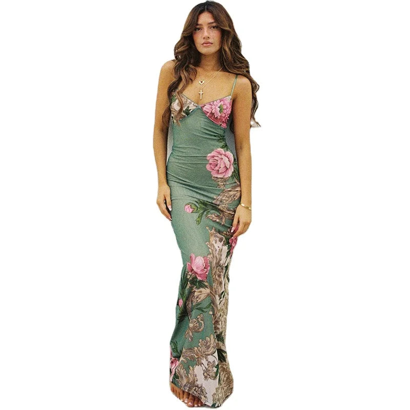 2025 Summer Elegant Long Dress for Women Sexy Club Floral Print Lace-up Beach Vacation Vesti in Chiffon