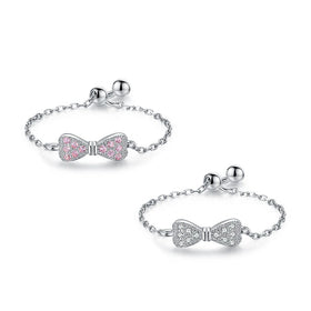 925 Sterling Silver Fine Jewelry Small Delicate Cute Bowknot Clear Pink Cubic Zirconia Adjustable Link Chain Rings for Women