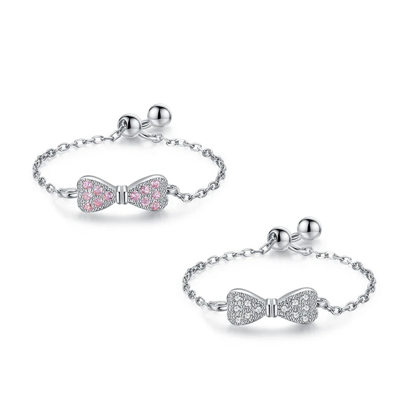 925 Sterling Silver Fine Jewelry Small Delicate Cute Bowknot Clear Pink Cubic Zirconia Adjustable Link Chain Rings for Women