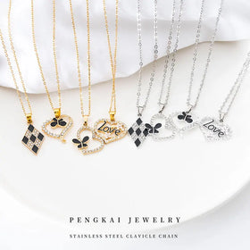 PT051-054 Wholesale Stainless Steel Necklace Luxury Women Black White Checker Design Love Pendant Choker Necklace