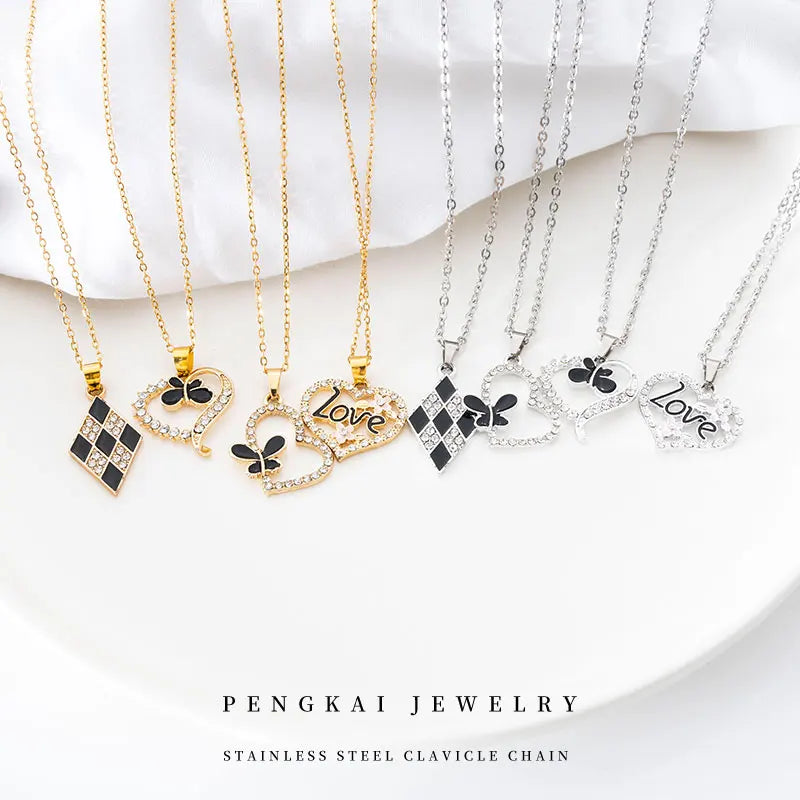 PT051-054 Wholesale Stainless Steel Necklace Luxury Women Black White Checker Design Love Pendant Choker Necklace