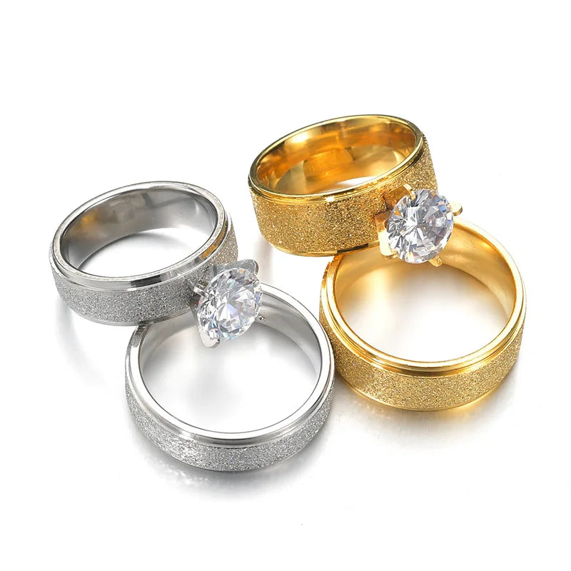 2025 Hot Sale Charm  Simulated Diamond Ring Gold-plated Stainless Steel Frosted  Wedding Rings Couple Set