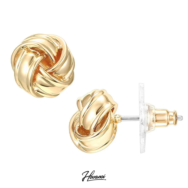 HOVANCI Stirling Silver Earrings 925 Sterling Gold Plated Hollow Twist Geometric Round Knot Ball Stud Earrings