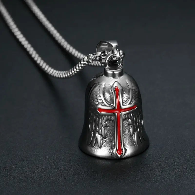 Stainless Steel Fashion Trendy New Men's Vintage Cross Bell Wind Retro Punk Hip Hop Rock Cross Character Pendant Necklace Bell