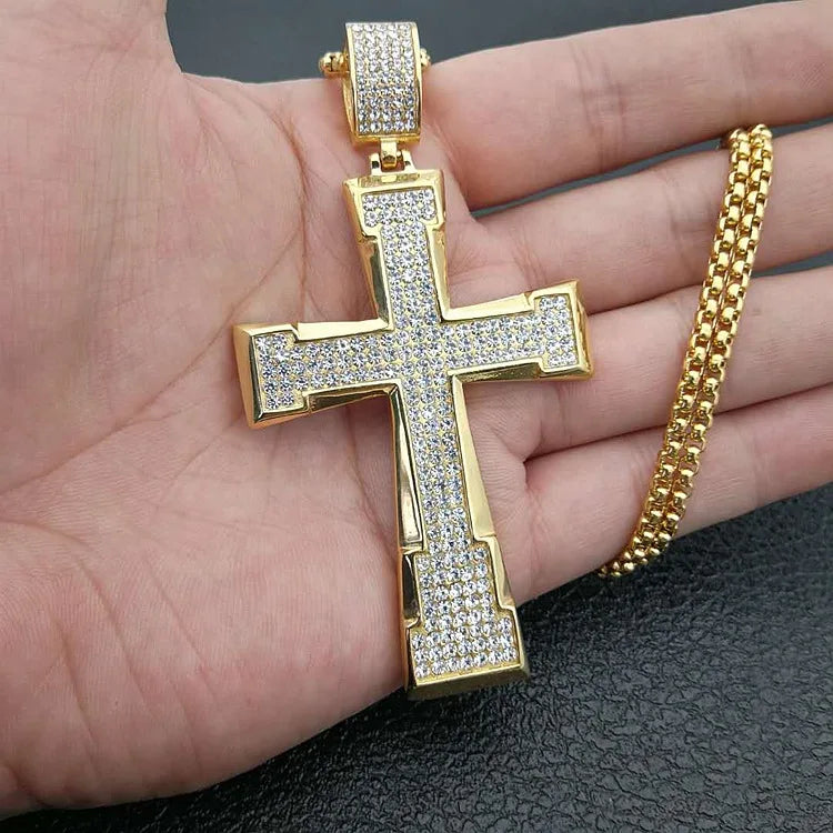Hip Hop Large Iced Out Cross Necklace Pendant with Box Chain Gold Plated Stainless Steel Christian Religious Wedding Accessory