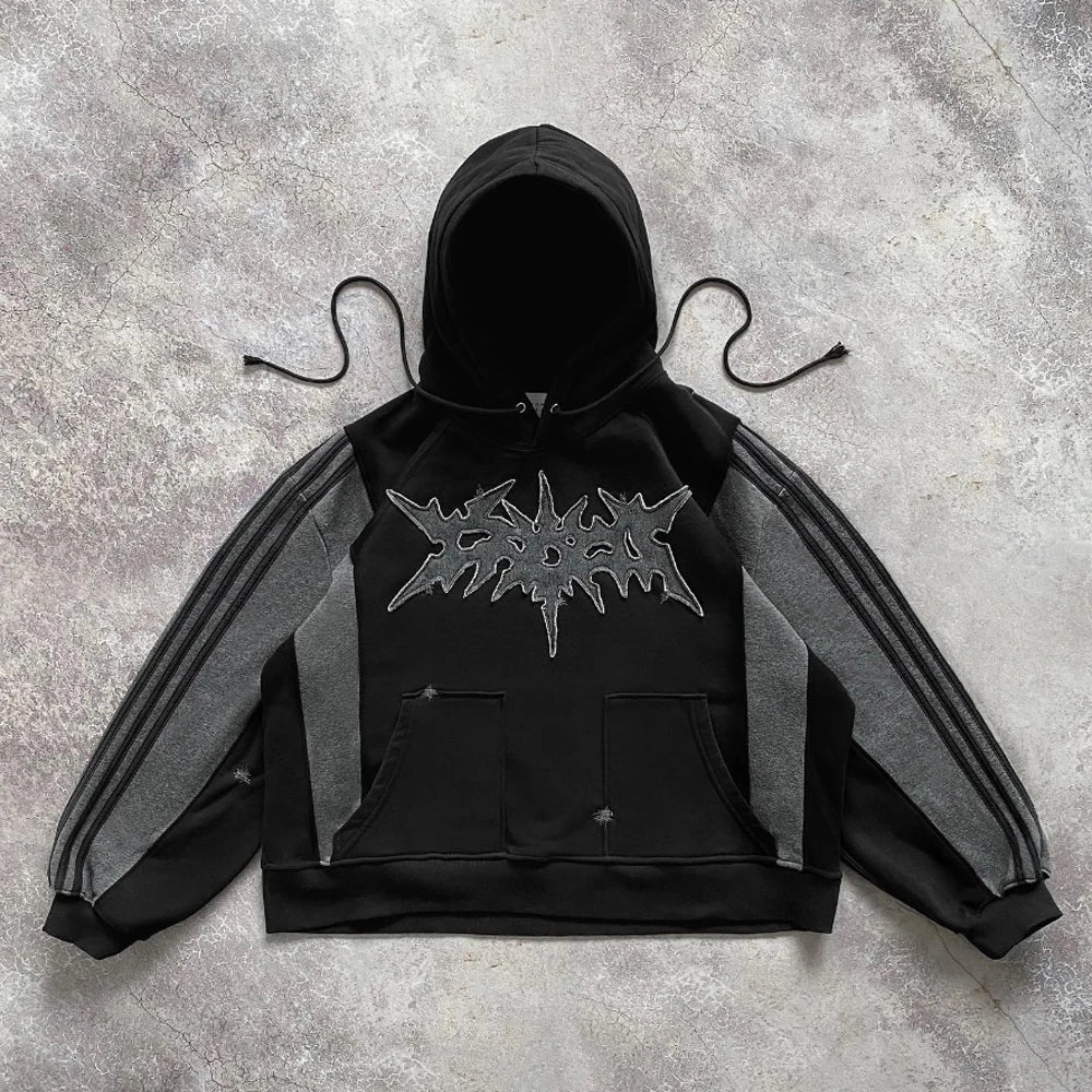 Luxury Men's Acid Washed Distressed Boxy Hoodie with Color Block Contrast and Embroidery Patch Plain Dyed for Winter