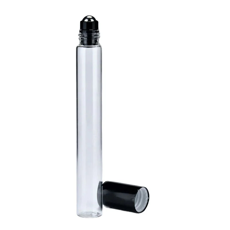 10ml Clear Borosilicate Glass Tall Vial Tube Perfume Essential Oil Bottle Metal Roller Ball Bottle with Black Aluminum Screw Lid