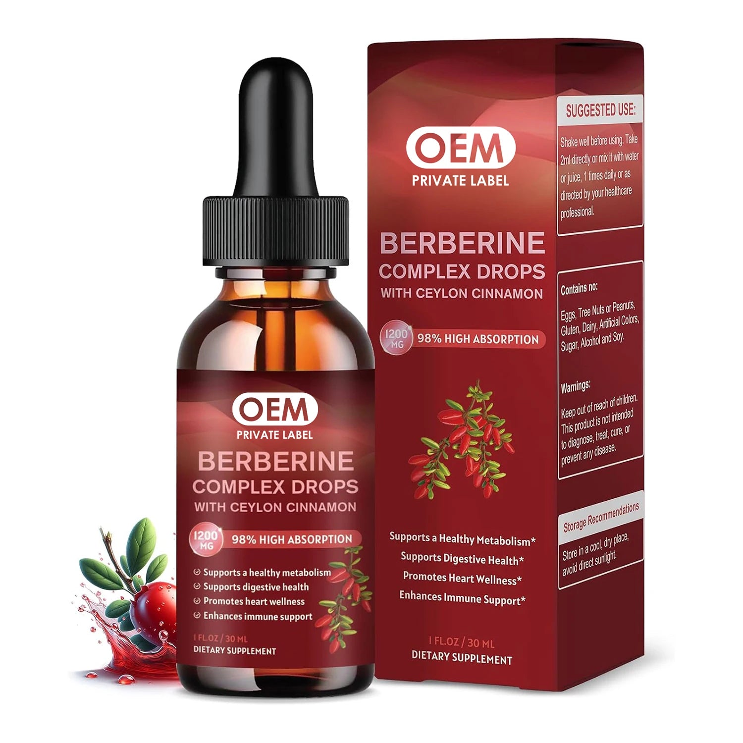 OEM Berberine HCL Liquid Drops Supplement 1200mg Berberine Root with Ceylon Cinnamon Supports Immune System Heart Health