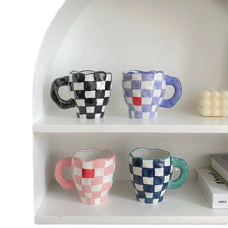 Modern 250ml Ceramic Water Cup Creative Hand-Painted Cloud Purple Checkerboard Design for Parties and Gifts