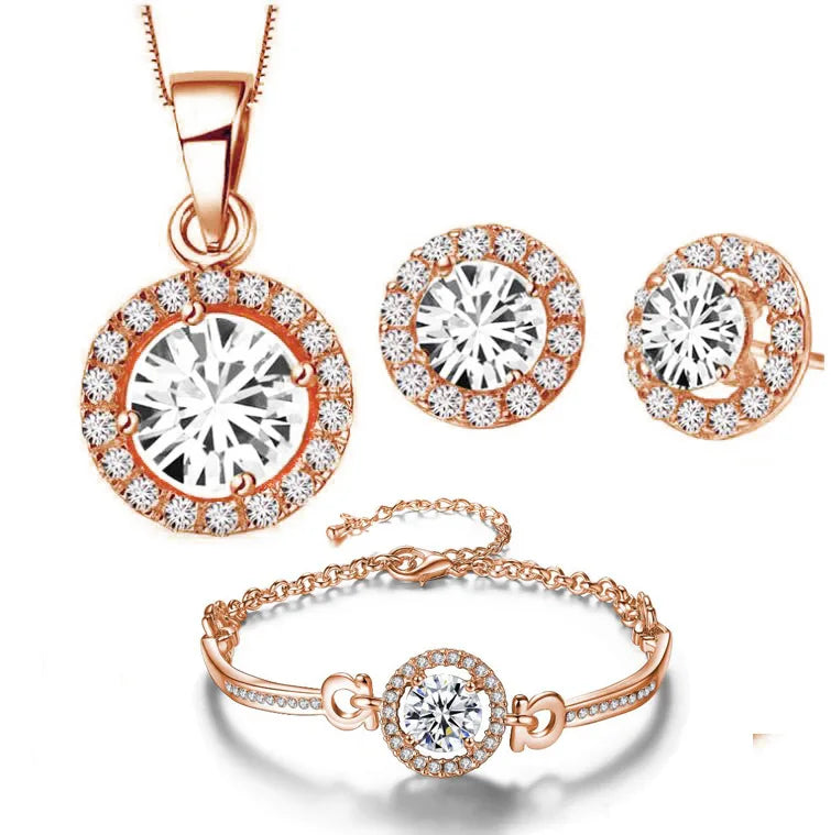 Fashion 3pcs/set Bracelet Necklace Earring Cz Crystal Rhinestone Bridal Necklace Earrings Round Cubic Zircon Jewelry Set