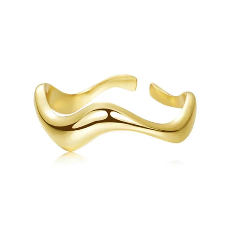 925 Sterling Silver Wave Fashion Ring Irregular Gold Plated Open Adjustable Ring Fine Jewelry for Girl Women