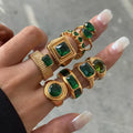 J&D Fashionable Minimalist 18K Gold Plated Statement Stainless Steel Summer Green Ring