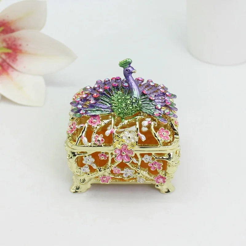 SHINNYGIFTS Modern Rectangle Hand Painted Enameled Alloy Peacock Trinket Box Wedding Favor Gift Box