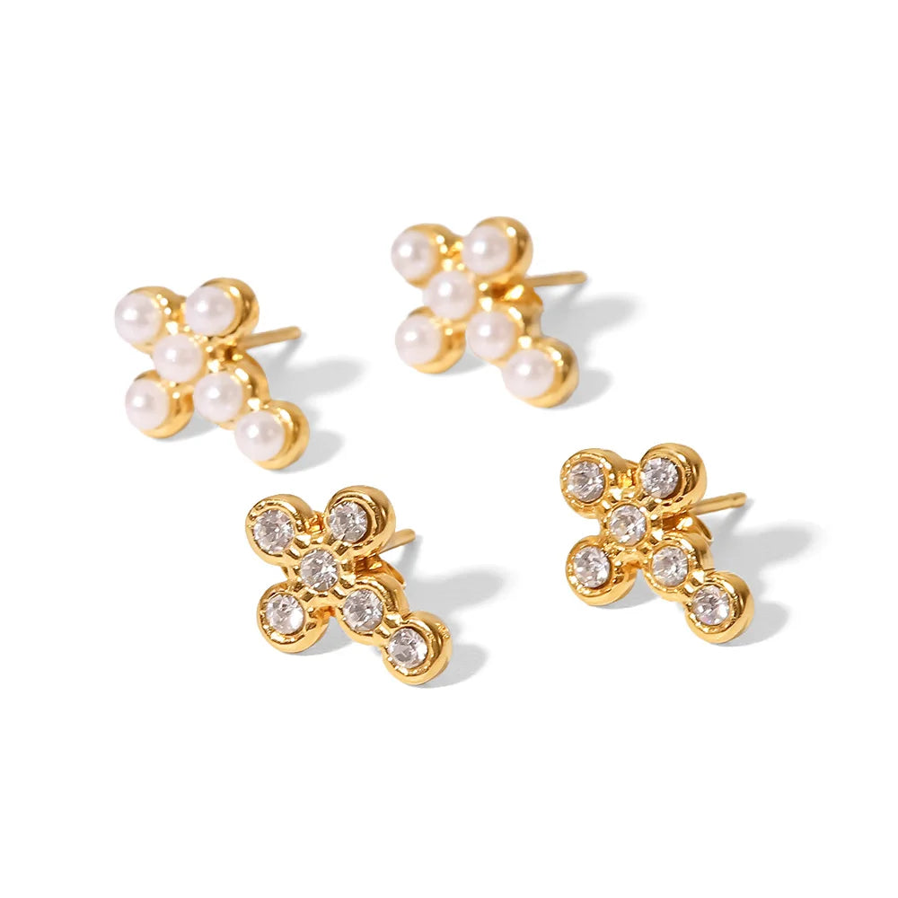 Cross Zicon Pearl Inlaid Stud Earrings Stainless Steel Gold Plated Dainty Jewelry Gift Earrings