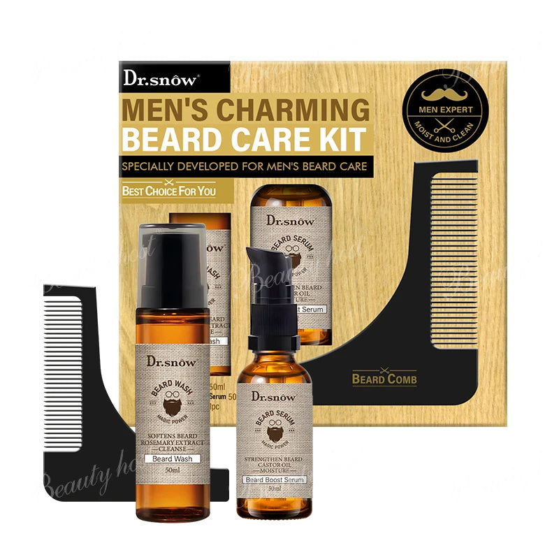Men's Beard Care Set 3PCS Travel Kit Beard Wash 50ml Serum 50ml Beard Comb 1PCS