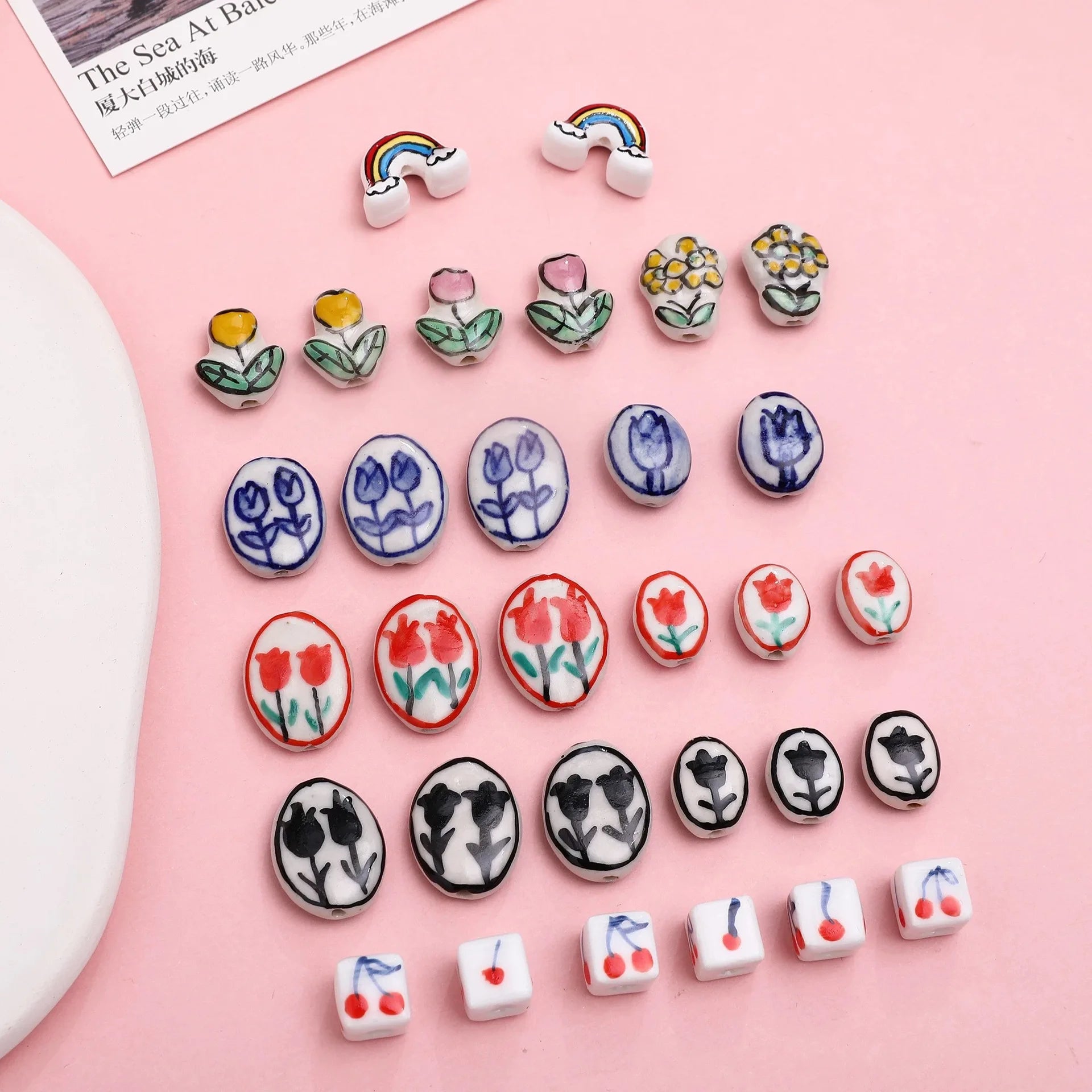 Cute Colorful Ceramic Clay Beaded Handmade Graffiti Tulip Flowers Pattern Oval Square Loose Beads DIY Bracelet Necklace