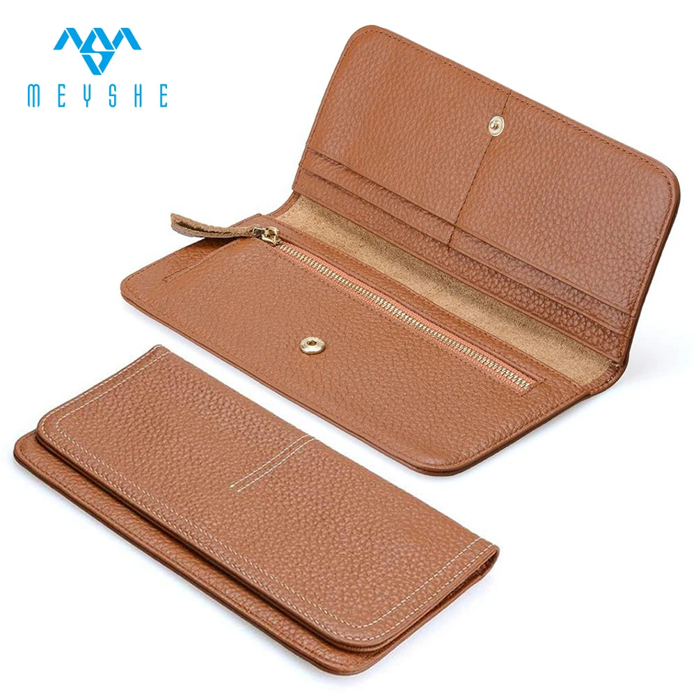Custom Ladies Top Grain Genuine Leather Long Wallet Purse Button Coin Purse Functional Travel Logo Thread Exclusive Women