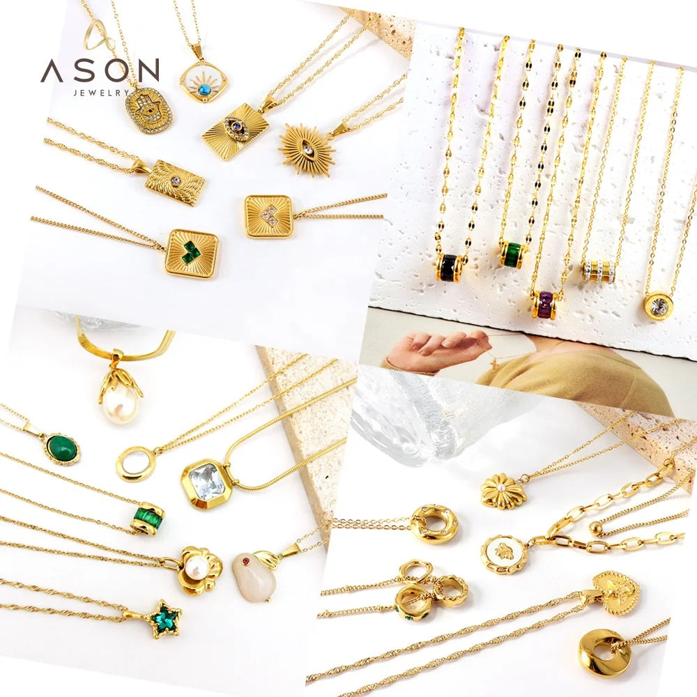 Ason Manufacturer Stainless Steel Crystal 18K Necklace Gold Plating Fashion Pendant Women Jewelry Waterproof Bulk Chain Necklace