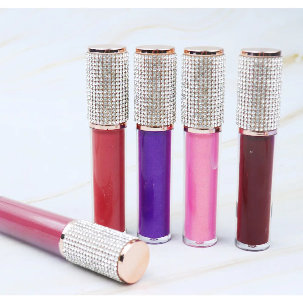 Wholesale Water Base Lipstick Personalised Long Lasting Lip Gloss with Glitter Make up Rhinestones Lipgloss Private Label