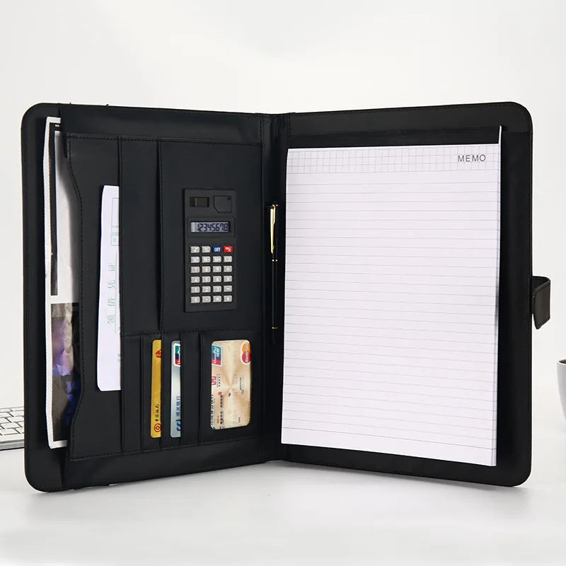 JR 2022 Hot Sale A4 Black Durable PU Leather Business Gift Folder Pen Holder Card Sleeves Document Meeting Organizer Portfolio