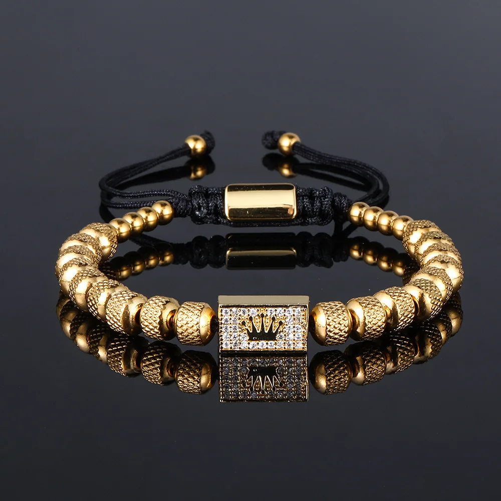 Hot Selling Men's Stainless Steel Bracelet Vintage Pineapple Bead Braided Single Row Curved Square Crown Gold Plated Jewelry