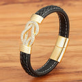 Punk Black Braided Real Leather Handmade Bangle Men Cool Stainless Steel CZ Knot Bracelet Magnetic Buckle Fashion Jewelry OT-280