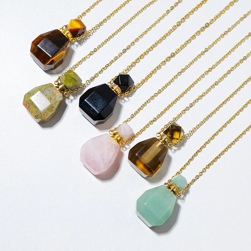 Natural Crystal Perfume Bottle Pendant Amethyst White Crystal Raw Stone Aromatherapy Essential Oil Bottle Necklace Pendant