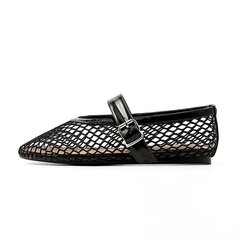 Customized Ladies Black Mary Jane Shoes Women's Brand Design Solid Pattern Mesh Toe Ballet Flat Leather Lining Light Summer