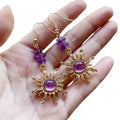 Natural Amethyst Chips Gemstone Earrings Gold Plated Alloy Sunflower Drop Earrings Healing Crystal Quartz Dangle Earring