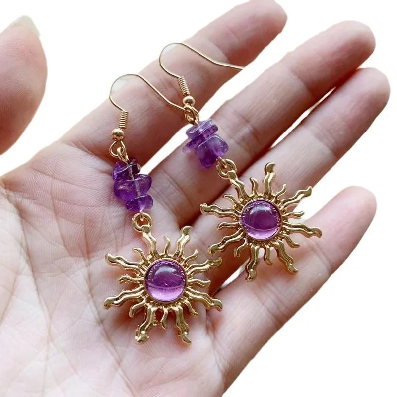 Natural Amethyst Chips Gemstone Earrings Gold Plated Alloy Sunflower Drop Earrings Healing Crystal Quartz Dangle Earring