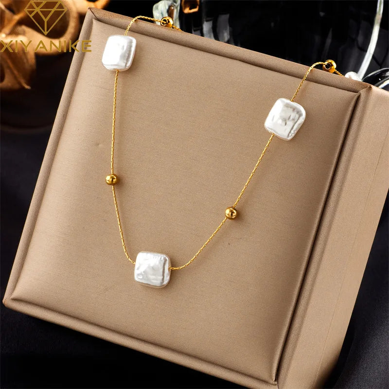 Nabest Stainless Steel Imitation Pearl Necklace Women Jewelry Waterproof Gold Plated Thin Chain Clavicle Choker