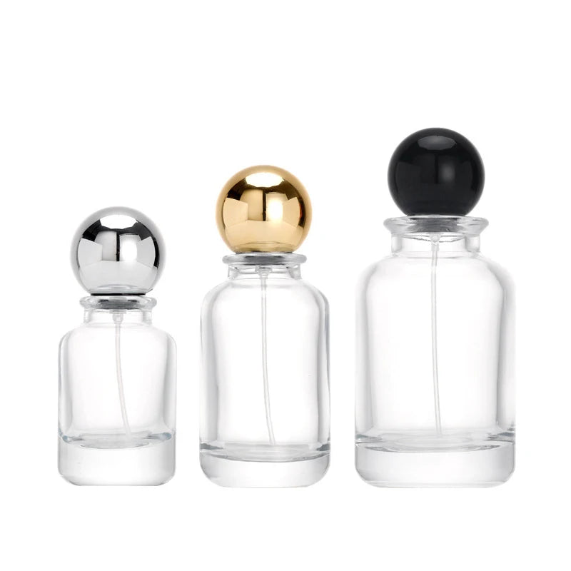 BYPE Luxury Glass Perfume Bottle 30ml 50ml 100ml Empty Cylinder with Crimp Pump Sprayer and Ball Shape Lids Ready Stock