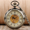 Lidless Classic Roman Numerals Display Manual Hand-Winding Mechanical Pocket Watch Open Face Fob Watch with Chain for Gift