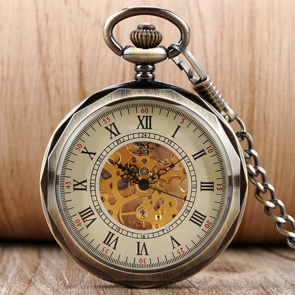 Lidless Classic Roman Numerals Display Manual Hand-Winding Mechanical Pocket Watch Open Face Fob Watch with Chain for Gift