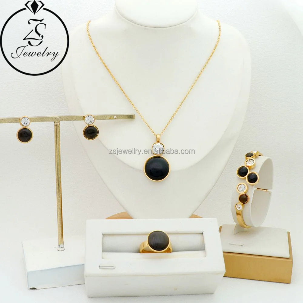 Custom Earring Manufacturing Italian Big Black Stone Gold Plated Women Jewelry Stainless Steel Eyes Girl Gift Sets